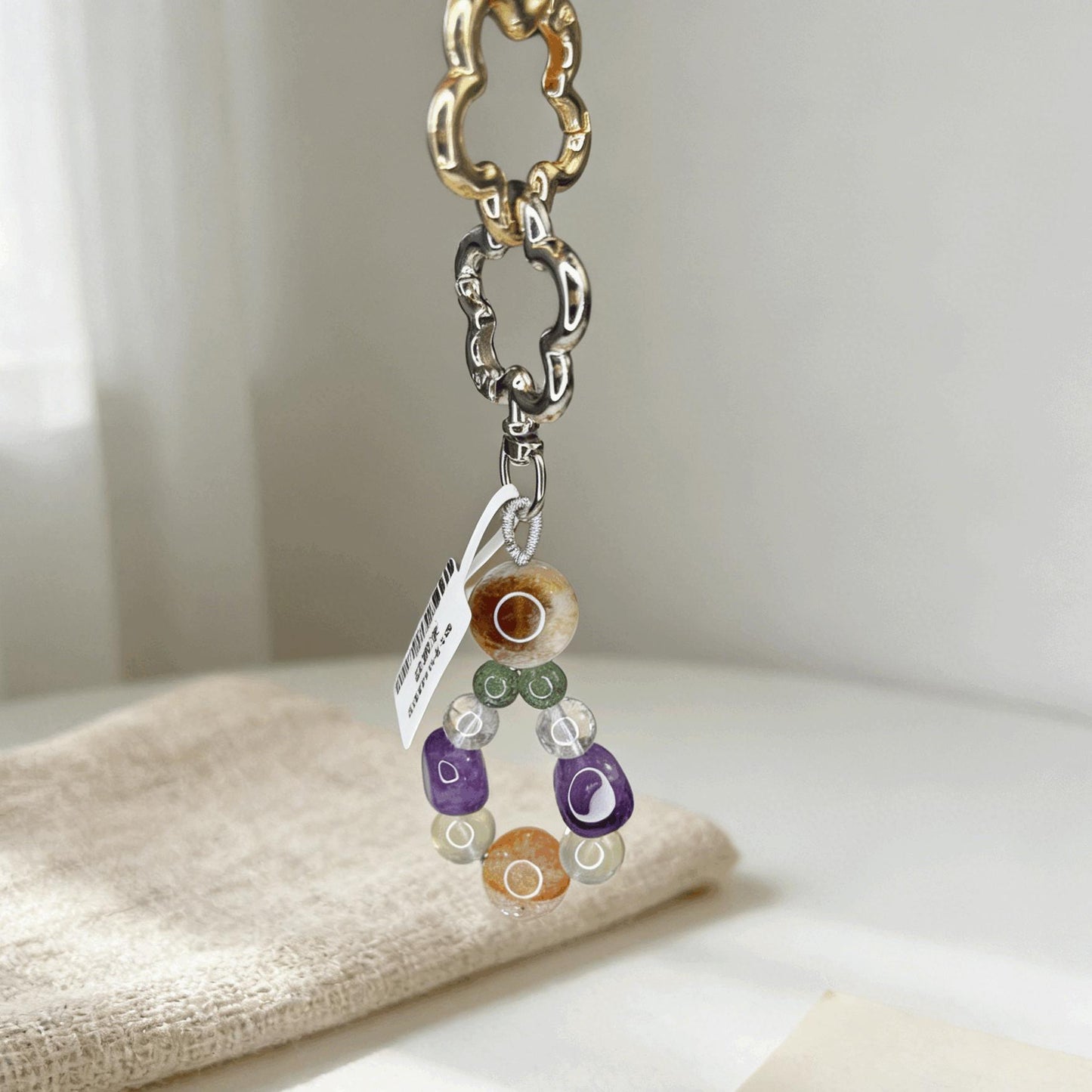 Natural Mixed Crystal Plum Blossom Keychain, Handmade Stone Bag Charm, Aesthetic Healing Crystal Pendant for Purse, Car & Phone Accessory