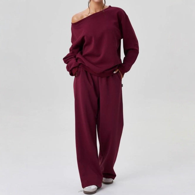 Women's Leisure Two Piece Outfits - Cozy Scoop Neck Sloping Shoulder Top & Wide Leg Trousers