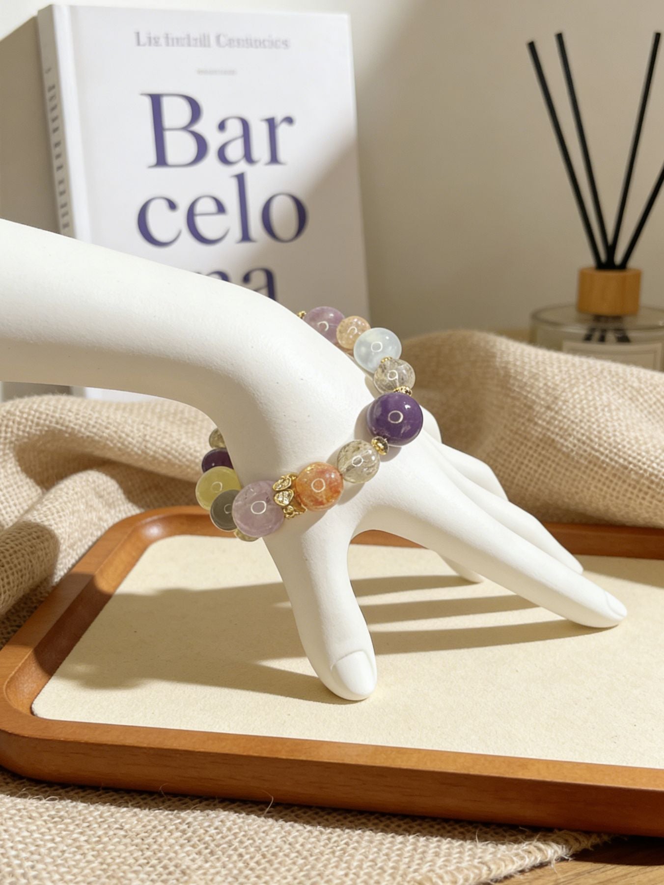 Purple Aura Natural Crystal Multi-Treasure Bracelet 8-14mm - 18K Gold Plated Silver Zircon | Luck & Prosperity