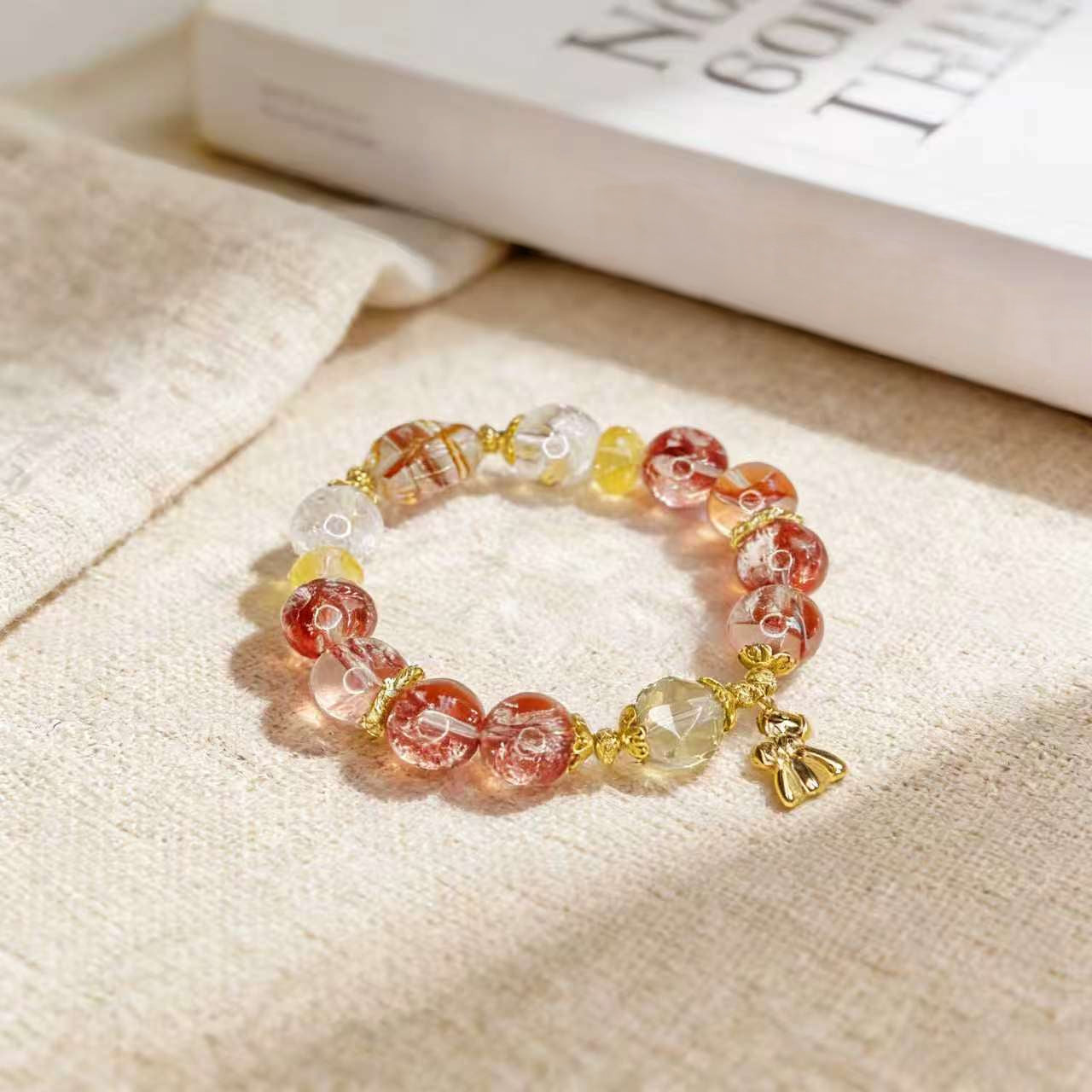 Natural Red Phantom Quartz Multi Stone Bracelet Gold Pony Charm Jewelry