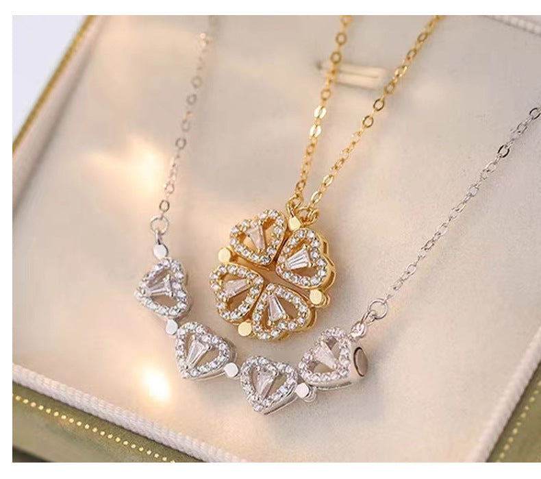 Glitter Four leaf Clover Necklace Magnetic Heart Necklace - Temu United  Arab Emirates