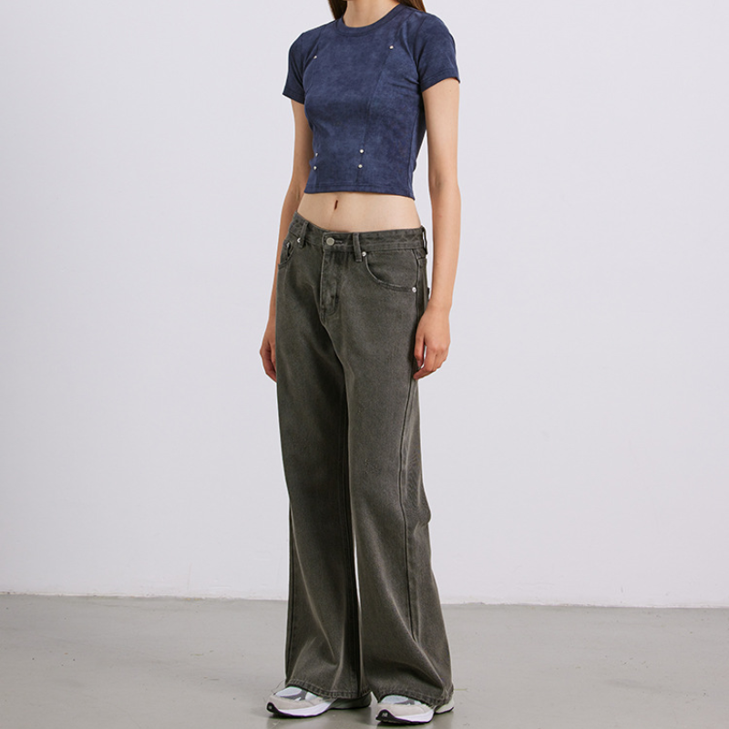 Micro flare washed mid-rise distressed straight leg causal pant jeans