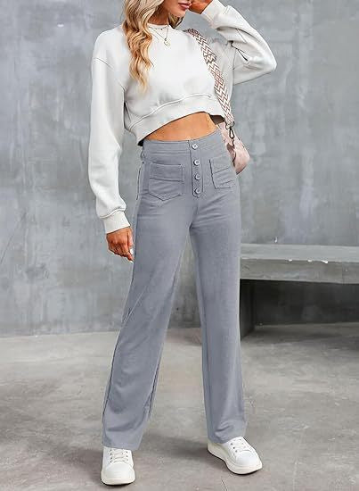 High Waisted Button Multiple Pockets Straight Leg Casual Pants