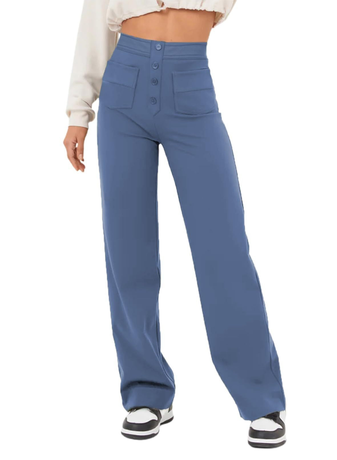 High Waisted Button Multiple Pockets Straight Leg Casual Pants