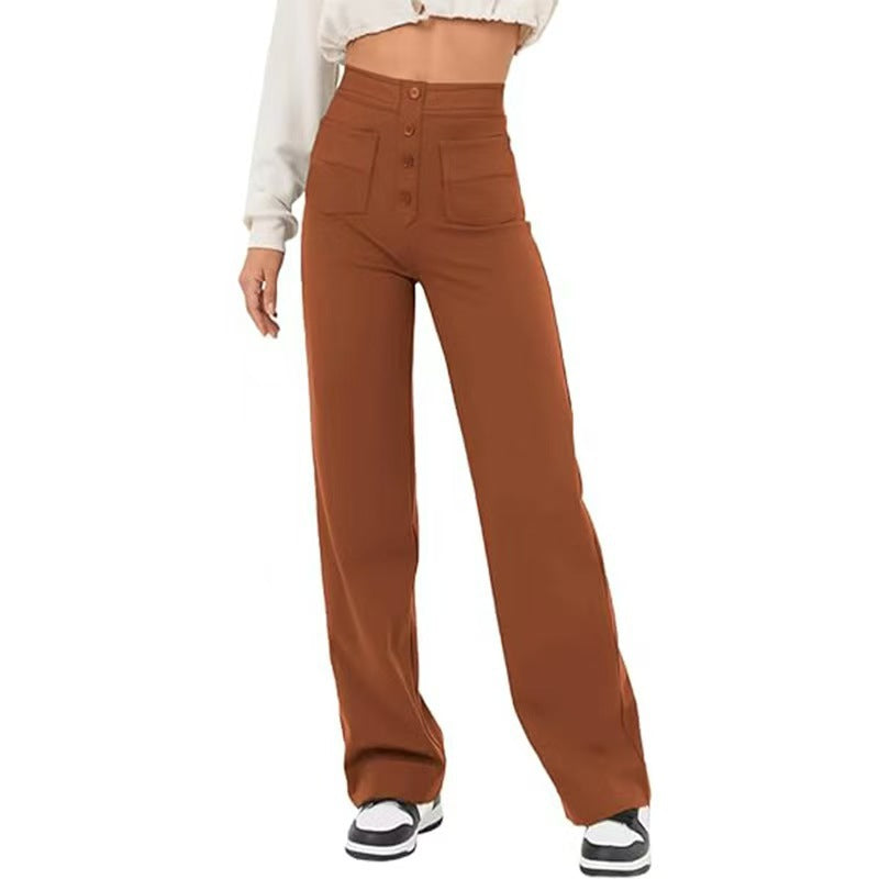 High Waisted Button Multiple Pockets Straight Leg Casual Pants