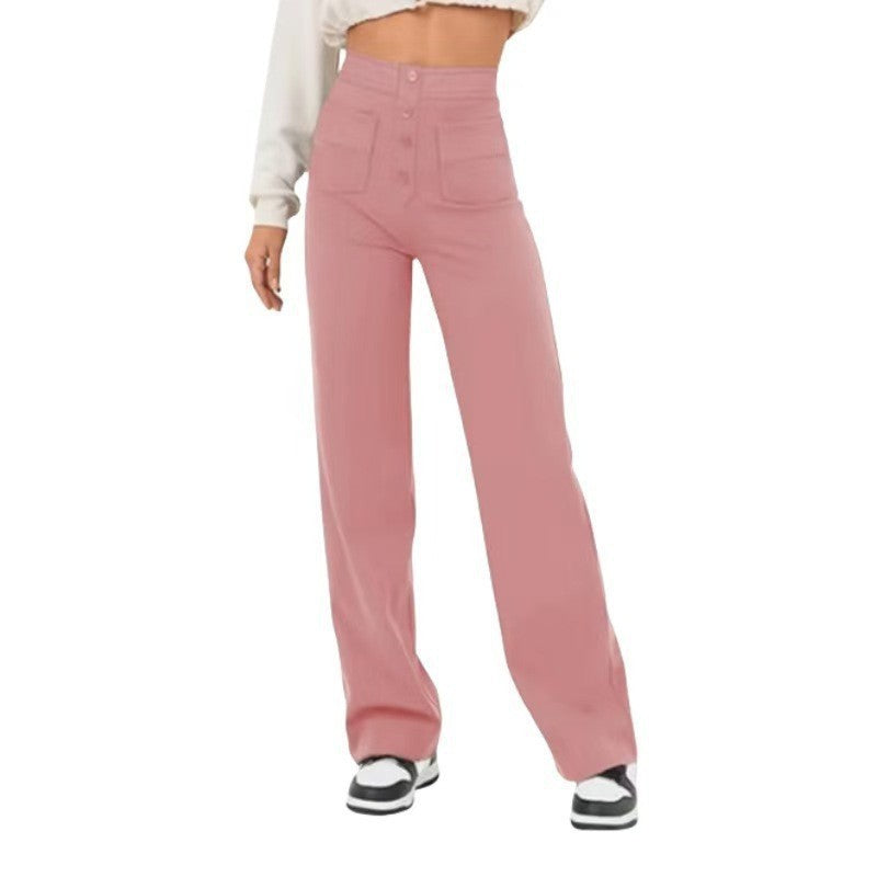 High Waisted Button Multiple Pockets Straight Leg Casual Pants