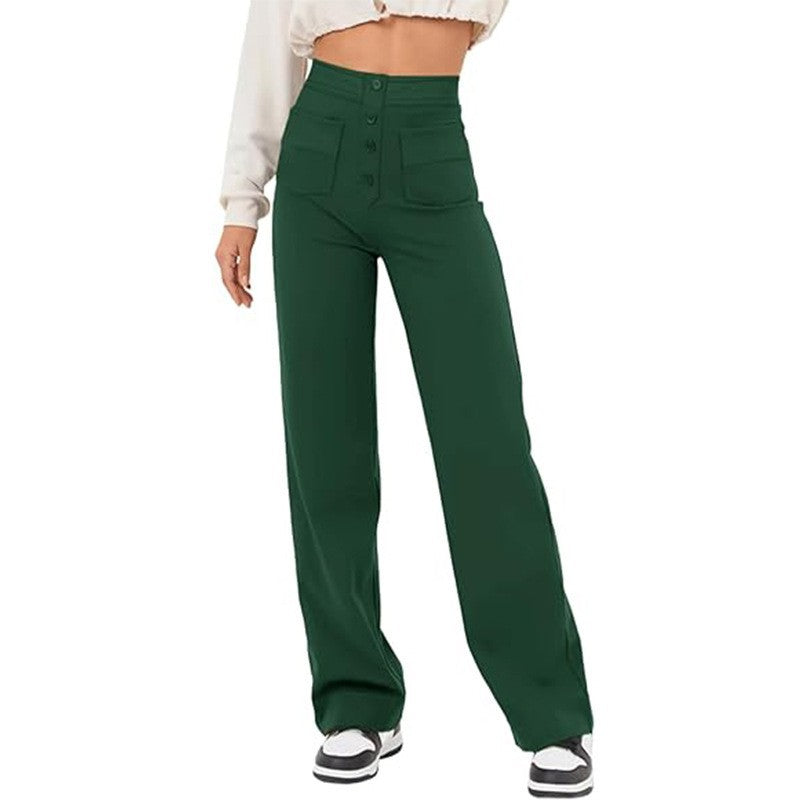 High Waisted Button Multiple Pockets Straight Leg Casual Pants