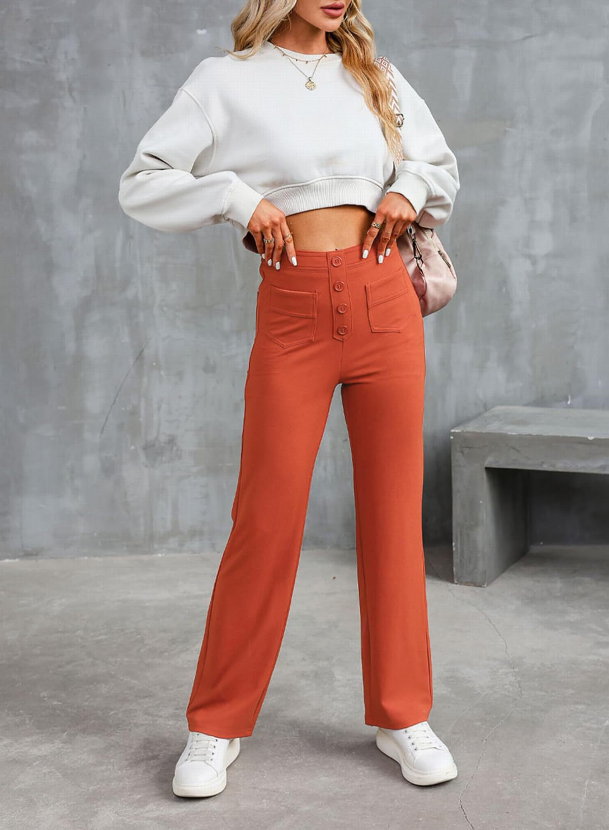 High Waisted Button Multiple Pockets Straight Leg Casual Pants