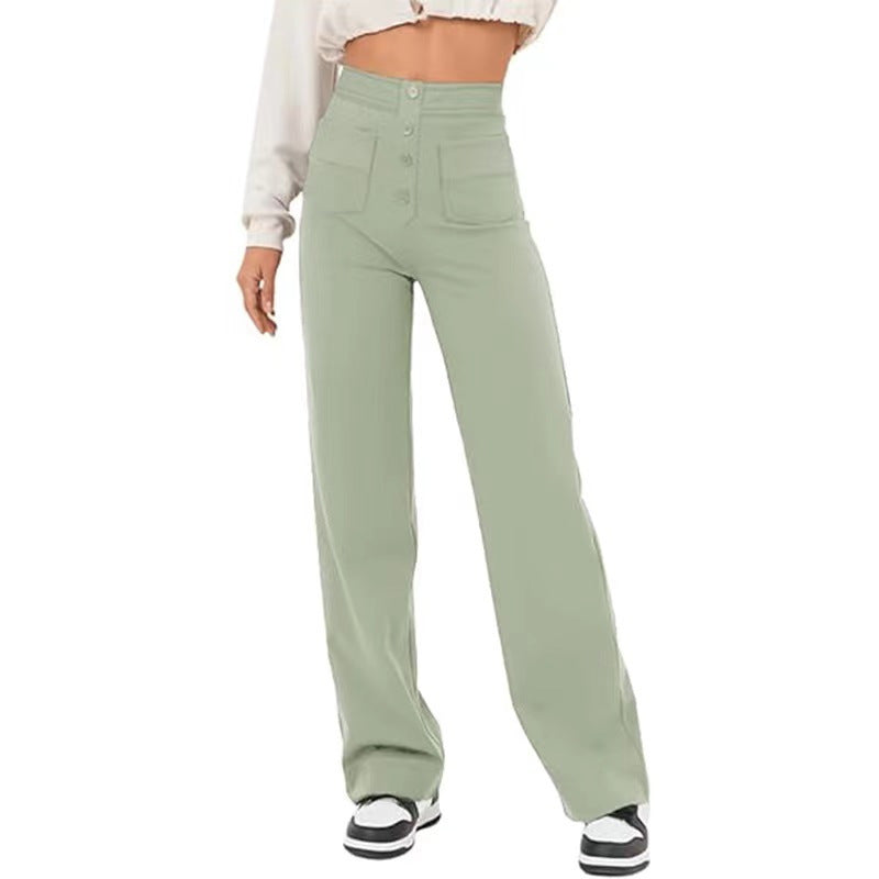High Waisted Button Multiple Pockets Straight Leg Casual Pants