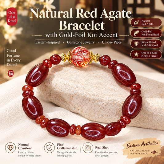 Natural Red Agate Bracelet with Gold-Foil Koi Accent | Eastern-Inspired Gemstone Jewelry