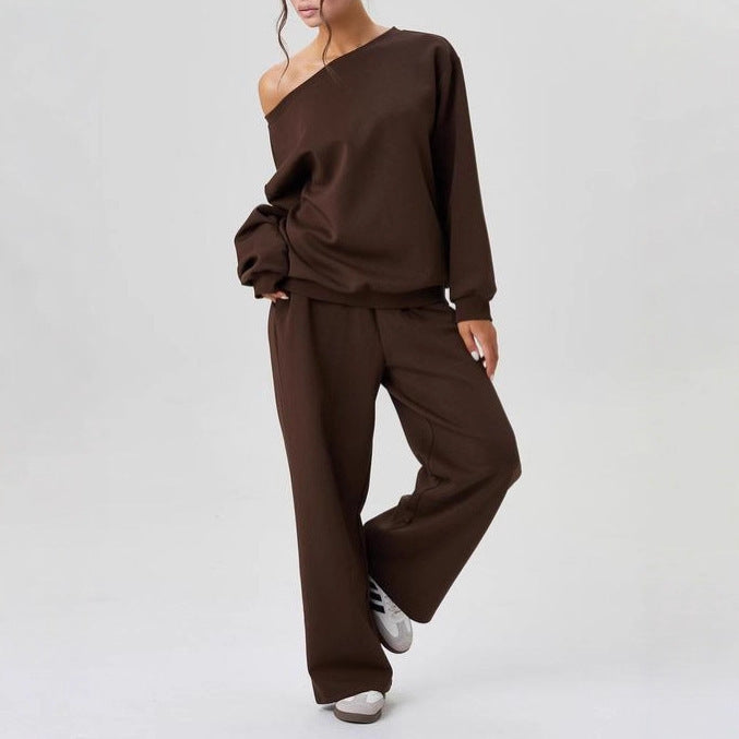 Women's Leisure Two Piece Outfits - Cozy Scoop Neck Sloping Shoulder Top & Wide Leg Trousers