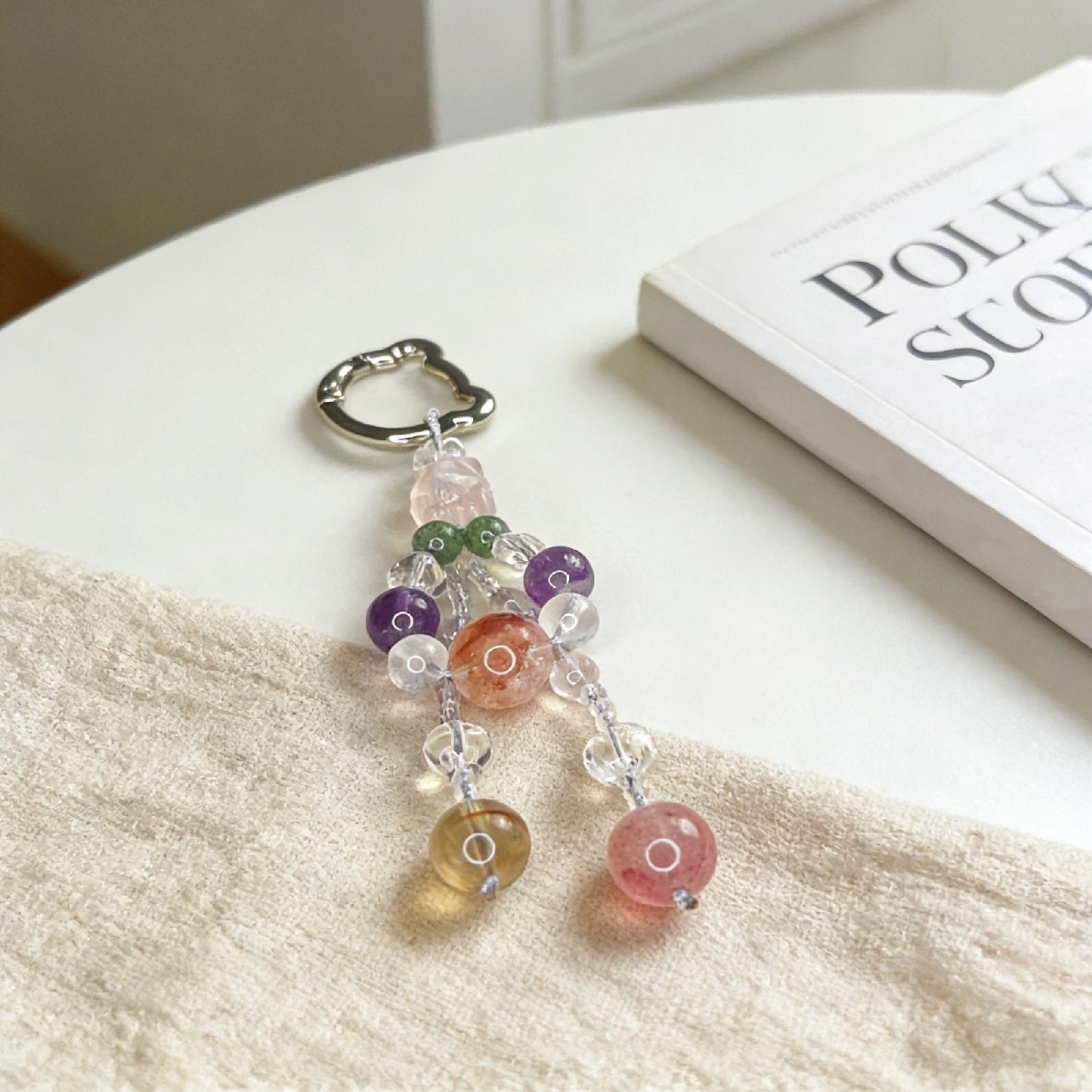 Natural Mixed Crystal Plum Blossom Keychain, Handmade Stone Bag Charm, Aesthetic Healing Crystal Pendant for Purse, Car & Phone Accessory