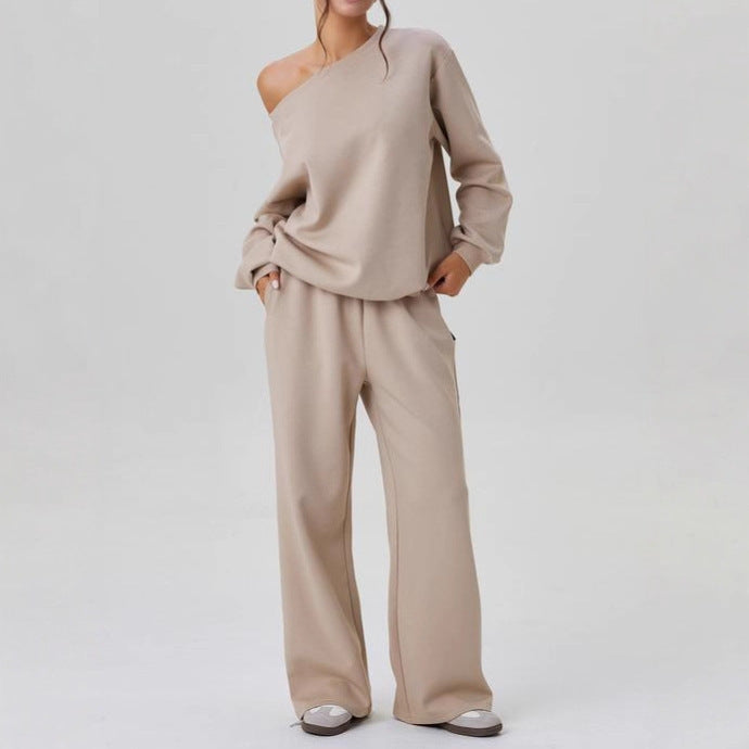 Women's Leisure Two Piece Outfits - Cozy Scoop Neck Sloping Shoulder Top & Wide Leg Trousers