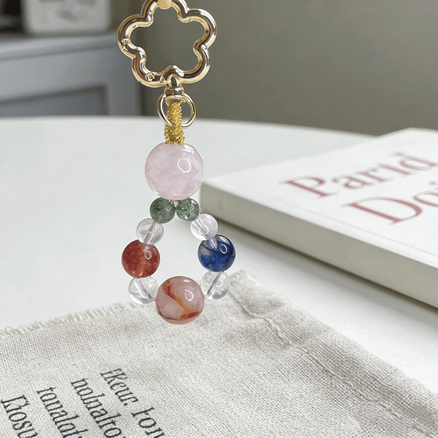 Natural Mixed Crystal Plum Blossom Keychain, Handmade Stone Bag Charm, Aesthetic Healing Crystal Pendant for Purse, Car & Phone Accessory