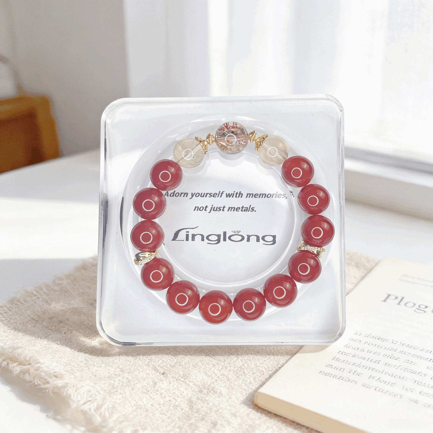 High-Quality 12-13mm Red Agate Crystal Bracelet | 18K Gold Plated Silver Lucky Bracelet with Yellow Phantom & Koi Red Resin Flower