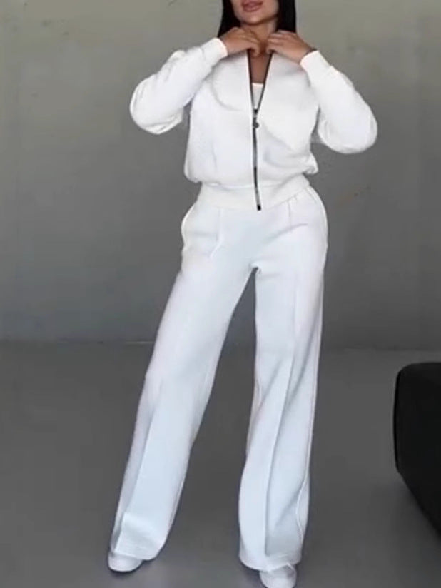 Women's Two-Piece Relaxed Fit Set - Zippered Jacket and Wide-Leg Pants