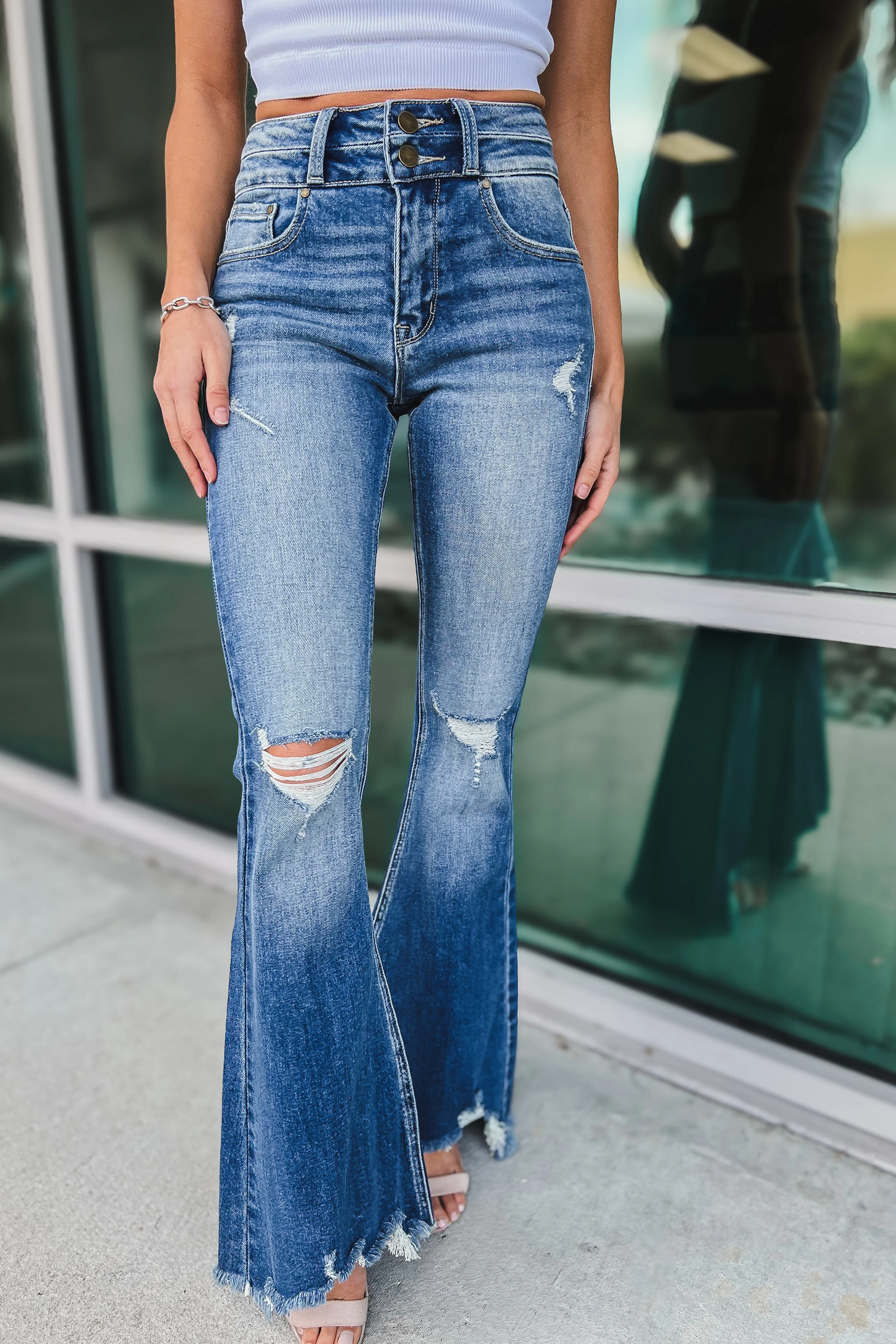 High Rise Distressed Frayed Hem Super Flare Jeans