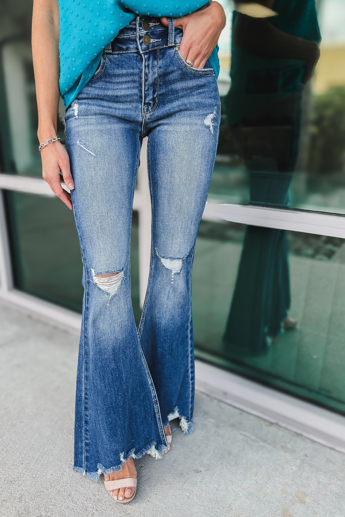 High Rise Distressed Frayed Hem Super Flare Jeans